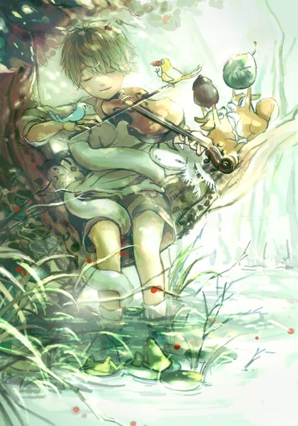 Anime picture 1536x2196 with original si (pixiv) single tall image short hair eyes closed green hair soaking feet music musician boy plant (plants) animal tree (trees) water bird (birds) child (children) snake violin frog