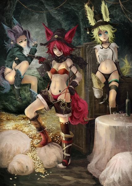 Anime picture 1422x2000 with original akaikitsune long hair tall image looking at viewer fringe short hair blue eyes light erotic blonde hair smile purple eyes multiple girls animal ears yellow eyes looking away purple hair red hair tail animal tail