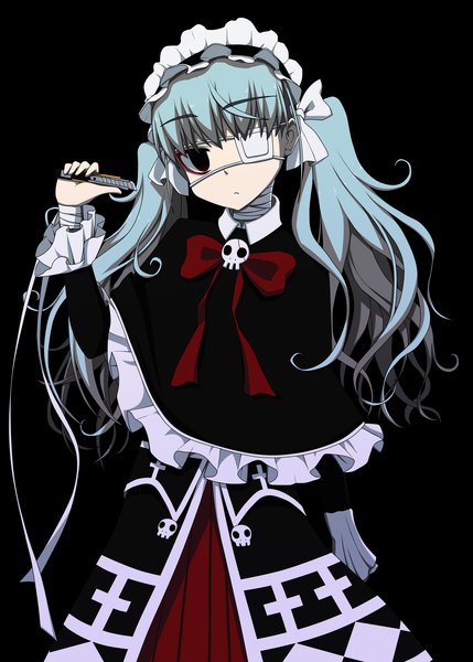 Anime picture 2591x3624 with axanael (game) noko (axanael) naze single long hair tall image highres simple background twintails silver hair black eyes loli black background goth-loli girl headdress bowtie eyepatch