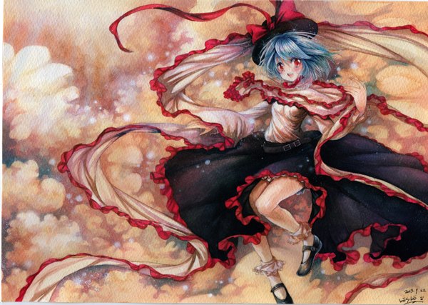 Anime picture 1500x1068 with touhou nagae iku mosho single looking at viewer blush short hair open mouth red eyes signed blue hair cloud (clouds) traditional media watercolor (medium) girl dress ribbon (ribbons) hat socks white socks