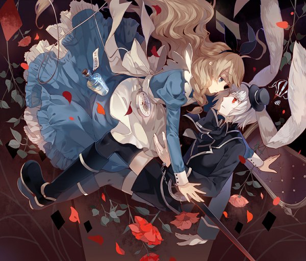 Anime picture 1173x1000 with alice in wonderland are you alice? alice (wonderland) white rabbit marianne (are you alice?) white rabbit (are you alice?) dhiea long hair blue eyes red eyes brown hair white hair bunny ears couple tears face to face falling bunny boy girl dress