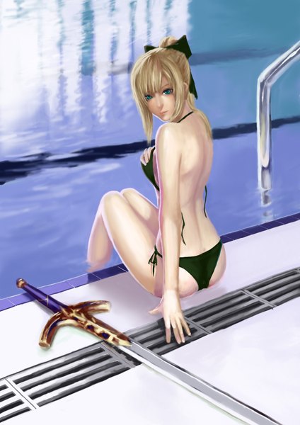 Anime picture 2480x3508 with fate (series) fate/stay night studio deen type-moon artoria pendragon (all) saber saber lily jiemaowanwan (artist) single tall image highres light erotic blonde hair ass aqua eyes lips back girl bow swimsuit
