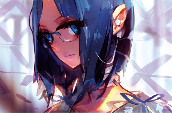 Anime picture 3231x2124 with original panamaman single highres short hair blue eyes blue hair absurdres lips scan girl ribbon (ribbons) glasses