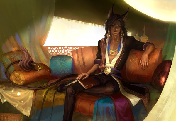 Anime picture 1680x1156 with original anndr (artist) single long hair looking at viewer red eyes brown hair sitting signed animal ears bent knee (knees) indoors tail traditional clothes arm up fingernails open shirt long fingernails muscle partially open clothes