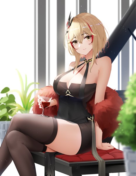 Anime picture 3769x4866 with azur lane roon (azur lane) roon (viridescent lullaby) (azur lane) qing wu single tall image looking at viewer fringe highres short hair breasts light erotic blonde hair hair between eyes large breasts sitting holding yellow eyes absurdres cleavage