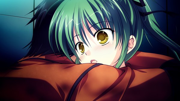 Anime picture 1280x720 with root double moribe jun long hair open mouth wide image yellow eyes game cg green hair girl boy suit