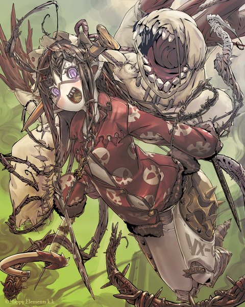 Anime picture 1000x1250 with original whoopin tall image looking at viewer open mouth purple eyes pointy ears teeth sharp teeth monster girl girl weapon armor pajamas monster syringe vines