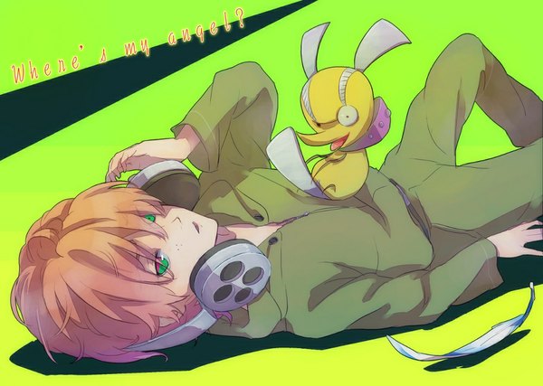Anime picture 1000x713 with panty & stocking with garterbelt chuck rock briefers tagme (artist) single short hair open mouth blonde hair green eyes lying inscription green background freckles boy headphones feather (feathers)