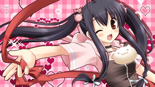 Anime picture 1920x1080 with with ribbon haruka hinata ikegami akane long hair blush highres open mouth black hair red eyes wide image twintails loli girl bow heart