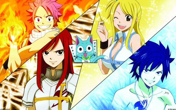 Anime picture 1680x1050 with fairy tail lucy heartfilia erza scarlet natsu dragneel gray fullbuster happy (fairy tail) mashima hiro long hair looking at viewer fringe short hair breasts open mouth blonde hair smile wide image large breasts bare shoulders multiple girls holding