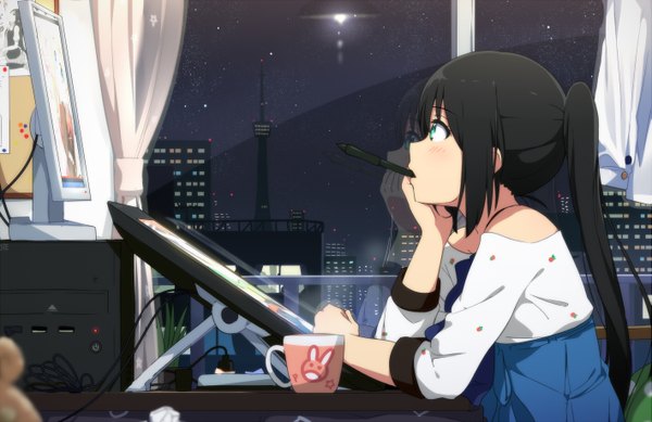 Anime picture 1417x920 with original ogipote single long hair blue eyes black hair holding looking away sky ponytail indoors mouth hold reflection thinking girl dress window star (stars) cup room