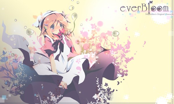 Anime picture 1716x1034 with original ninjinshiru single blush highres short hair blue eyes blonde hair wide image looking away girl dress flower (flowers) bubble (bubbles)
