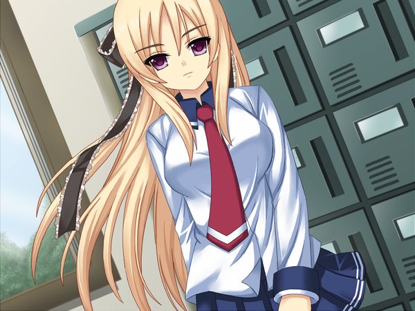 Anime picture 1024x768 with tonee single long hair blonde hair pink eyes girl uniform ribbon (ribbons) school uniform necktie