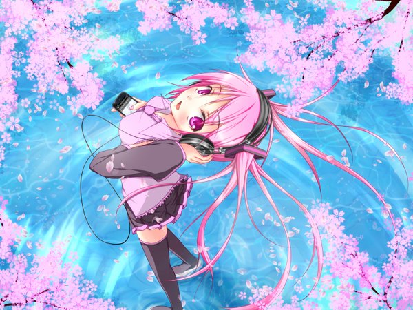 Anime picture 1500x1125 with vocaloid hatsune miku sakura miku yunyun (riopara360) single long hair blush twintails pink hair nail polish pink eyes cherry blossoms girl skirt miniskirt petals water headphones