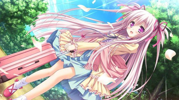 Anime picture 1280x720 with sekai to sekai no mannaka de oumi kokoro moekibara fumitake single long hair looking at viewer wide image purple eyes game cg white hair girl dress ribbon (ribbons) plant (plants) hair ribbon petals tree (trees) suitcase