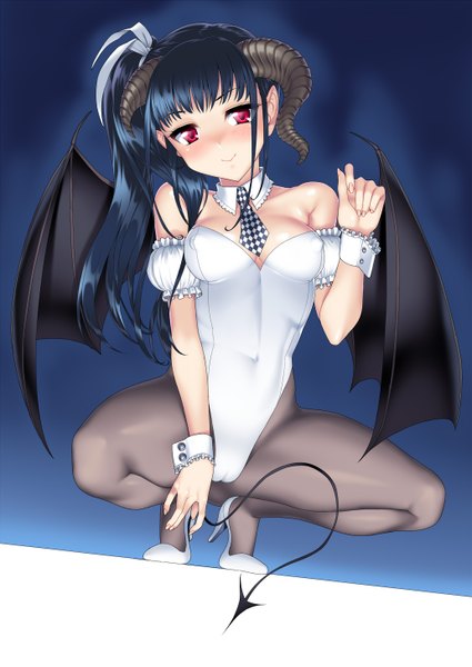 Anime picture 1031x1456 with original suzume inui single long hair tall image blush light erotic black hair smile red eyes bare shoulders ponytail tail horn (horns) side ponytail cameltoe squat demon girl girl wings