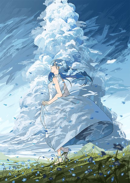 Anime picture 744x1044 with original agas (vpwt7475) single long hair tall image blue eyes blue hair looking away sky cloud (clouds) full body barefoot wind girl dress flower (flowers) petals white dress sundress