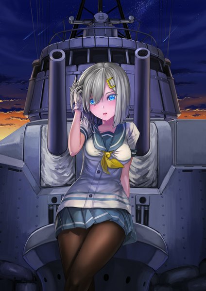 Anime picture 570x806 with kantai collection hamakaze destroyer sturmjager single tall image looking at viewer blush short hair open mouth blue eyes silver hair girl skirt gloves weapon pantyhose white gloves black pantyhose gun sailor suit