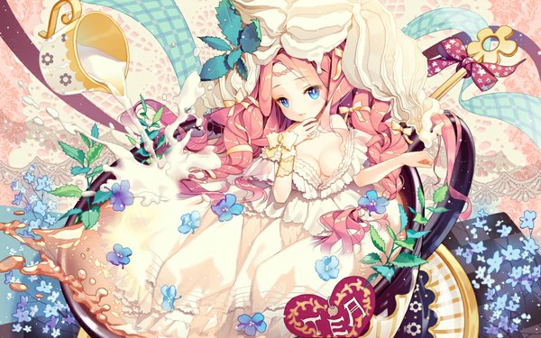 Anime picture 1024x640 with original cherrypin single long hair looking at viewer blue eyes pink hair girl dress hair ornament flower (flowers) cup milk