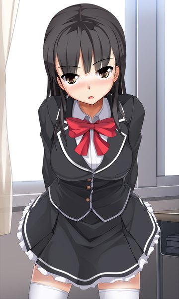 Anime picture 600x1000 with original eto single long hair tall image looking at viewer blush open mouth black hair standing brown eyes leaning embarrassed leaning forward hands behind back classroom girl thighhighs skirt uniform