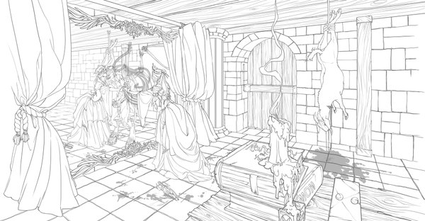 Anime picture 1918x1000 with snow white and the seven dwarfs the evil queen irahi long hair highres smile wide image standing white hair indoors horn (horns) shadow reflection different reflection lineart girl dress earrings animal white dress