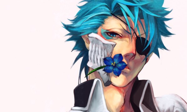 Anime picture 1200x720 with bleach studio pierrot grimmjow jeagerjaques tagme (artist) single looking at viewer short hair blue eyes simple background wide image white background blue hair aqua hair eyeshadow espada boy flower (flowers) mask eyepatch
