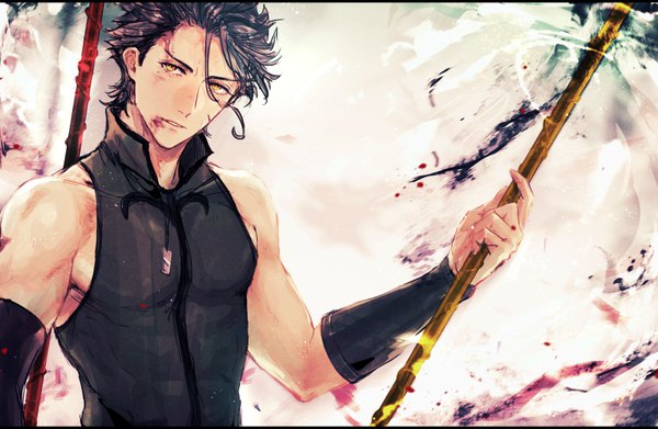 Anime picture 800x522 with fate (series) fate/zero diarmuid ua duibhne (lancer) (fate) saryo single looking at viewer short hair black hair standing bare shoulders yellow eyes upper body mole mole under eye boy detached sleeves blood