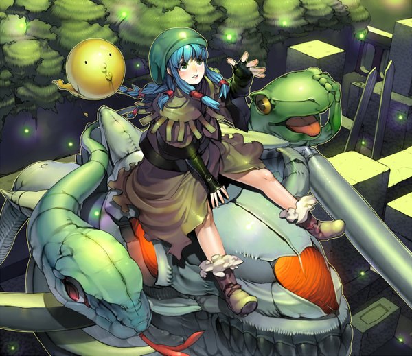 Anime picture 1400x1213 with original kurumayama long hair blush green eyes blue hair looking up girl animal boots tongue snake frog