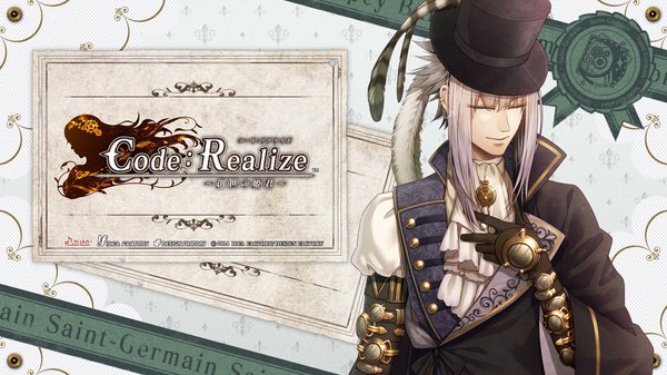 Anime picture 1920x1080 with code: realize ~sousei no himegimi~ saint germain miko (artist) single highres wide image purple hair eyes closed copyright name character names piercing ear piercing asymmetrical hair boy gloves hat mini hat mini top hat