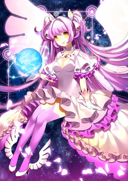 Anime picture 1200x1697 with mahou shoujo madoka magica shaft (studio) kaname madoka goddess madoka roh nam kyung single long hair tall image looking at viewer open mouth yellow eyes purple hair girl thighhighs dress bow hair bow petals wings planet