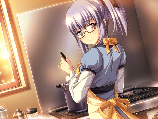 Anime picture 1024x768 with mirai nostalgia purple software kudou hinano koku short hair red eyes blue hair game cg cooking girl glasses