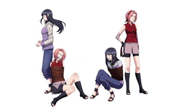 Anime picture 1920x1200 with naruto studio pierrot naruto (series) hyuuga hinata haruno sakura elehoernchen long hair highres short hair black hair simple background wide image white background sitting multiple girls pink hair eyes closed profile hand on hip third-party edit