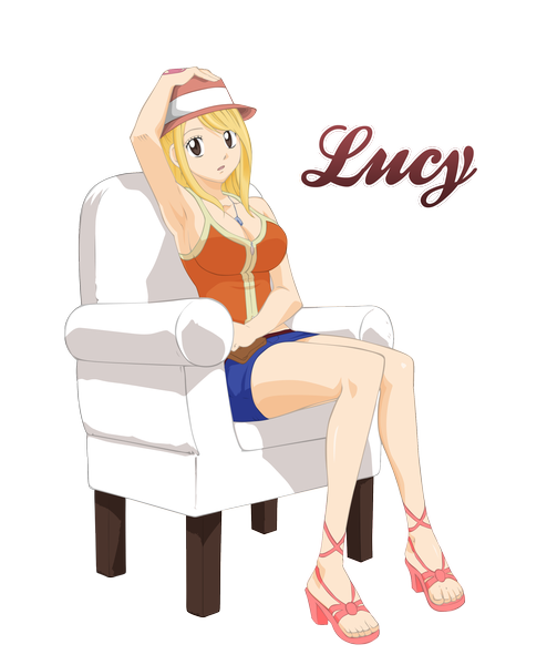 Anime picture 2560x3108 with fairy tail lucy heartfilia s-destination single long hair tall image highres open mouth blonde hair brown eyes inscription armpit (armpits) tattoo coloring transparent background girl hat miniskirt pendant armchair