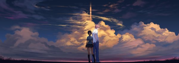 Anime picture 2000x705 with toki wo kakeru shoujo madhouse konno makoto mamiya chiaki diamond dust highres short hair black hair wide image pink hair cloud (clouds) couple scenic hands in pockets panorama girl boy skirt shirt