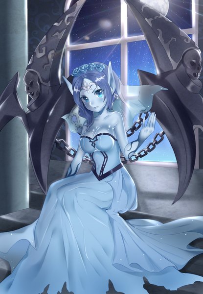 Anime picture 1176x1700 with league of legends morgana (league of legends) ubi (ekdus6080) single tall image looking at viewer short hair breasts blue eyes sitting bare shoulders blue hair pointy ears night night sky pale skin girl dress hair ornament earrings