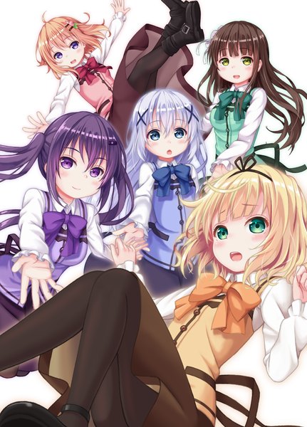 Anime picture 1151x1600 with gochuumon wa usagi desu ka? white fox kafuu chino hoto cocoa tedeza rize kirima sharo ujimatsu chiya hane yoshiyumi long hair tall image looking at viewer blush fringe short hair open mouth simple background blonde hair smile hair between eyes brown hair