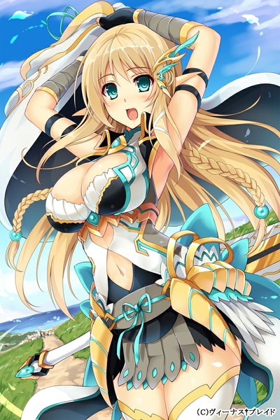 Anime picture 640x960 with venus blade hisenkaede single long hair tall image looking at viewer blush fringe breasts open mouth light erotic blonde hair large breasts standing bare shoulders holding signed sky cloud (clouds) braid (braids)