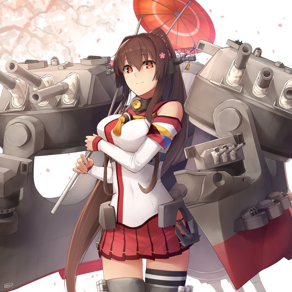 Anime picture 2900x2900 with kantai collection yamato super battleship enosan single looking at viewer fringe highres breasts smile hair between eyes red eyes brown hair large breasts standing holding payot ponytail very long hair pleated skirt girl