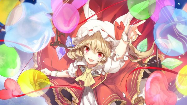Anime picture 1500x849 with touhou flandre scarlet no-kan single looking at viewer fringe short hair open mouth blonde hair hair between eyes red eyes wide image arm up from above side ponytail girl hat wings bonnet