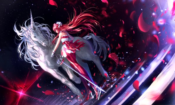 Anime picture 1182x714 with pretty rhythm pretty rhythm rainbow live pretty (series) renjouji beru irua long hair blue eyes wide image red hair hair flower wind girl dress gloves hair ornament flower (flowers) ribbon (ribbons) weapon petals sword