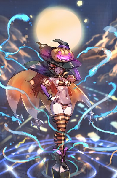 Anime picture 761x1156 with original bow (bhp) single long hair tall image looking at viewer fringe light erotic hair between eyes standing purple eyes cloud (clouds) full body arm up blurry orange hair hand on hip crossed legs sideboob halloween