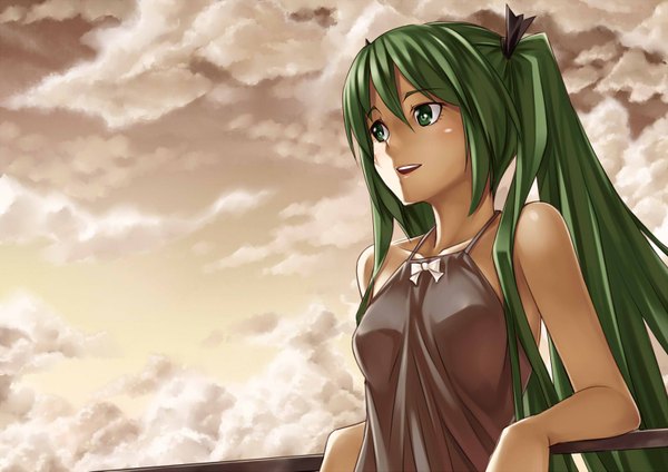 Anime picture 1600x1131 with vocaloid hatsune miku h kasei long hair blush open mouth smile twintails green eyes cloud (clouds) green hair girl sundress