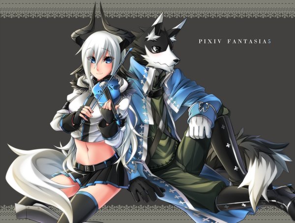 Anime picture 2000x1513 with original pixiv fantasia sigma99 long hair blush highres blue eyes animal ears silver hair tail horn (horns) light smile girl thighhighs gloves black thighhighs miniskirt animal violin bow (instrument)