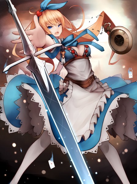 Anime picture 2774x3718 with original snm (sunimi) single long hair tall image looking at viewer highres breasts open mouth blue eyes blonde hair outstretched arm girl dress bow weapon hair bow sword clock pocket watch