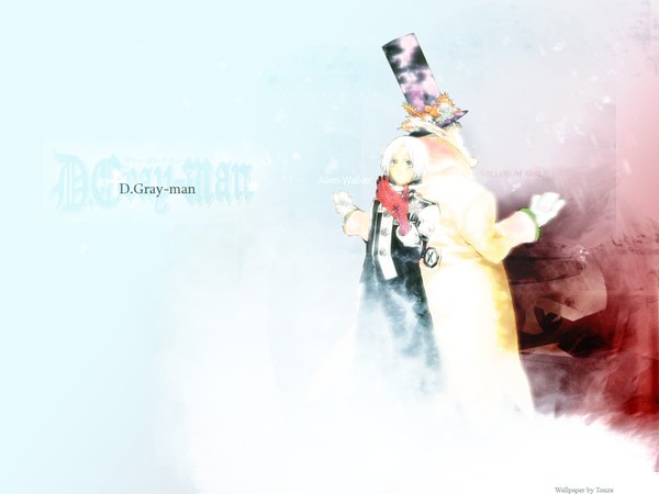 Anime picture 1600x1200 with d.gray-man allen walker millennium earl hoshino katsura tonza blue eyes standing white background signed white hair pointy ears multiple boys copyright name character names third-party edit back to back boy flower (flowers) 2 boys top hat