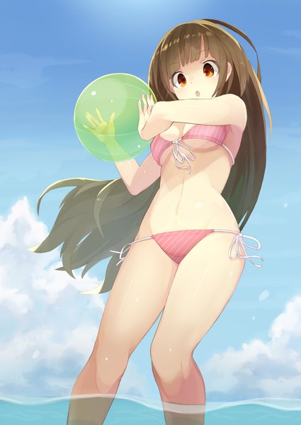 Anime picture 2507x3541 with original tomioka jirou single long hair tall image looking at viewer fringe highres breasts open mouth light erotic brown hair standing brown eyes sky cloud (clouds) sunlight sunbeam surprised girl