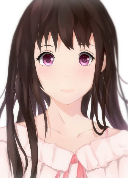 Anime picture 862x1200 with noragami studio bones iki hiyori dust (394652411) single long hair tall image looking at viewer blush fringe simple background brown hair white background purple eyes lips symbol-shaped pupils girl ribbon (ribbons)