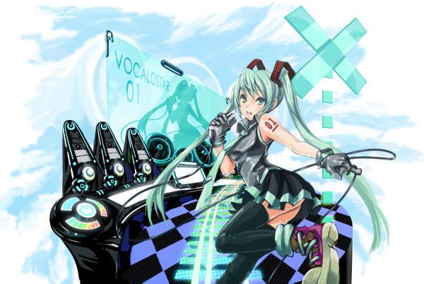 Anime picture 2534x1701 with vocaloid hatsune miku yato (pondel) single long hair highres twintails aqua eyes aqua hair tattoo girl thighhighs gloves black thighhighs miniskirt necktie boots vest microphone wire (wires)
