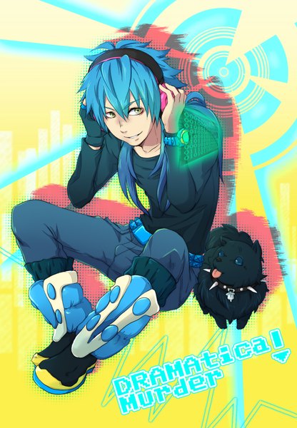 Anime picture 1250x1800 with dramatical murder nitro+chiral aoba (dmmd) ren (dmmd) single long hair tall image simple background smile sitting yellow eyes blue hair inscription boy gloves tongue headphones dog