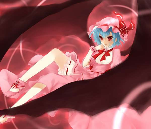 Anime picture 1000x850 with touhou remilia scarlet meimone single short hair red eyes blue hair legs girl dress wings frills bonnet